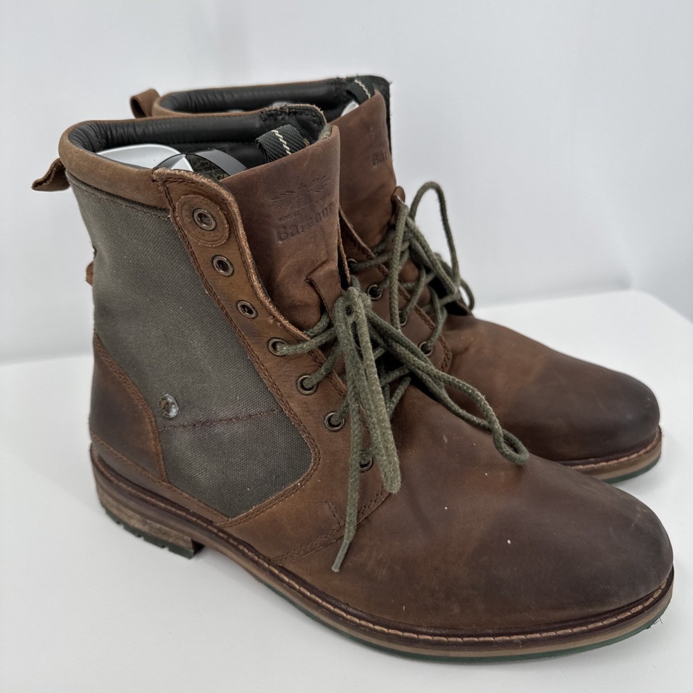 Barbour Mens Size 10‎ Chucka Boots Leather Canvas Tartan Brown Green Lace Up